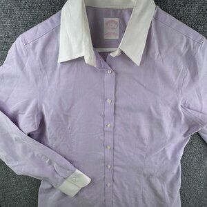 Brooks Brothers Women Contrast Collar Size 12 Tailored Fit Stretch Shirt Purple